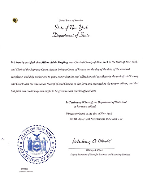 New York Department of State Certificate of Authenticity Example for Non Hague Countries