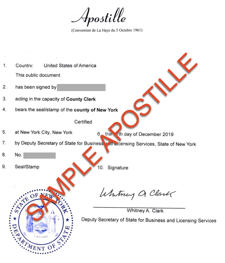 NY Notary Services - call 917-453-7358 - Sample Apostille Certification